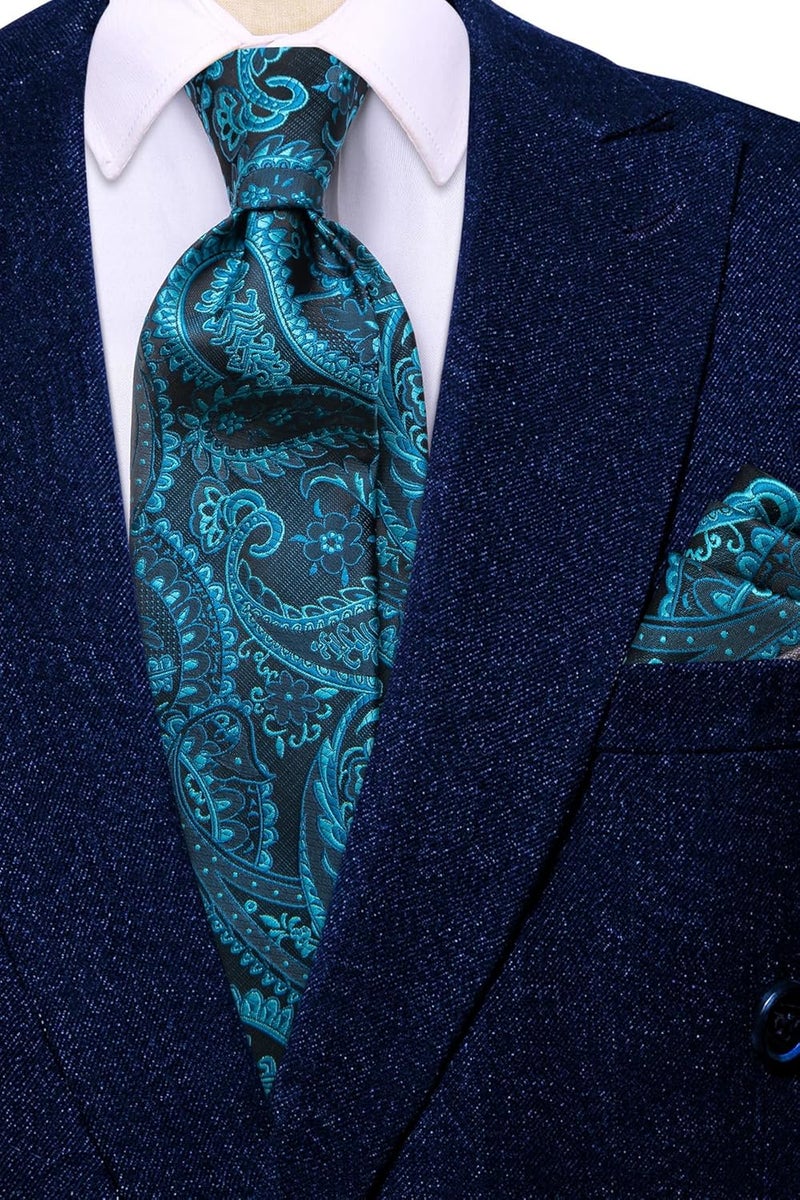 Dubulle Mens Tie Set Solid Paisley Silk Striped Necktie for Men with Cufflinks Tie and Pocket Square - Image 2